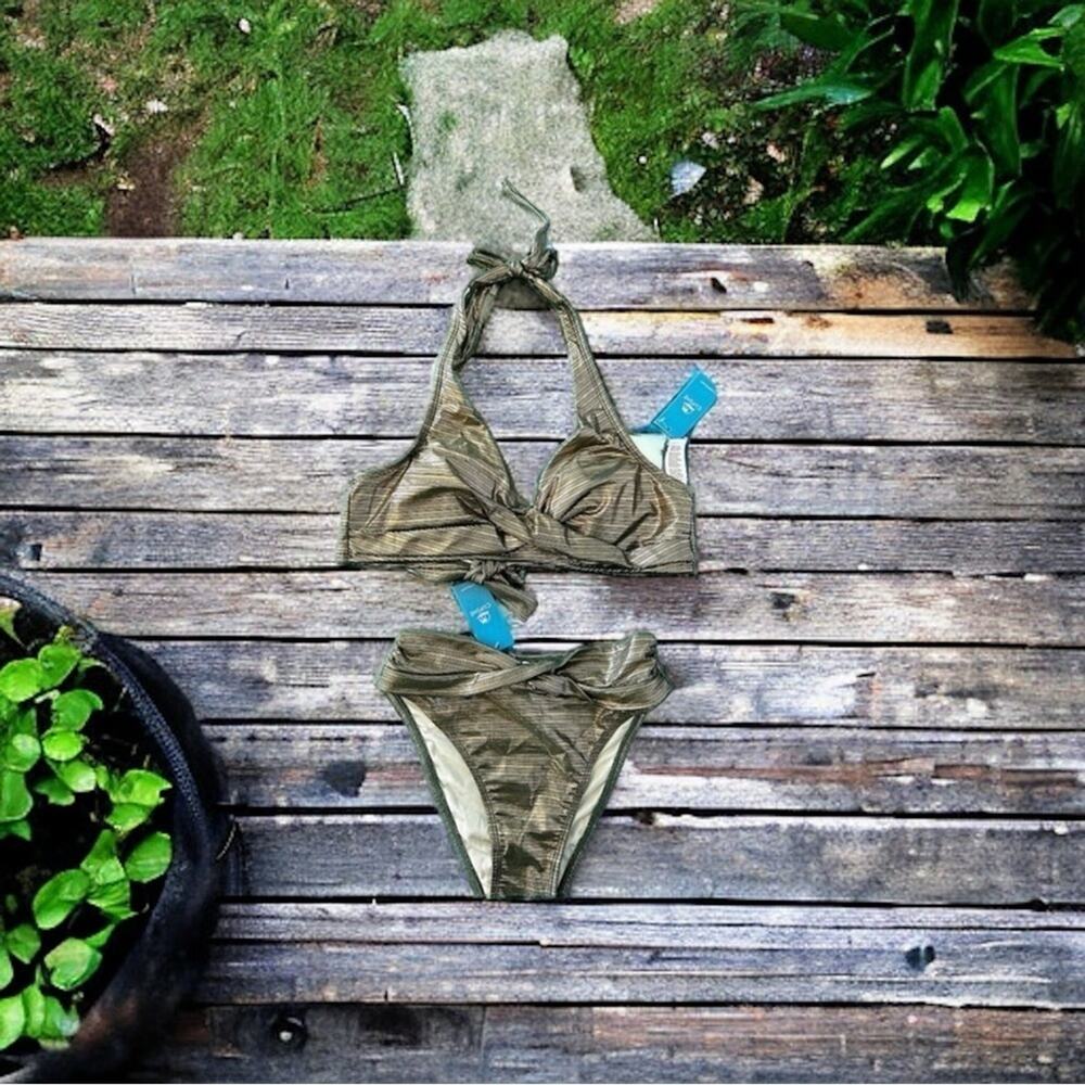 Cupshe Womens S Live Life On The Beach Shimmer Bikini Gold Green Resort Swim NWT